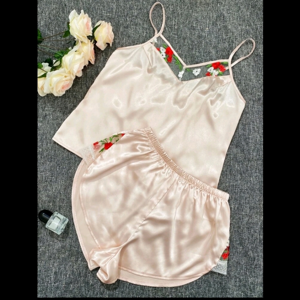 Floral Embroidery Satin Top & Shorts PJ Set
